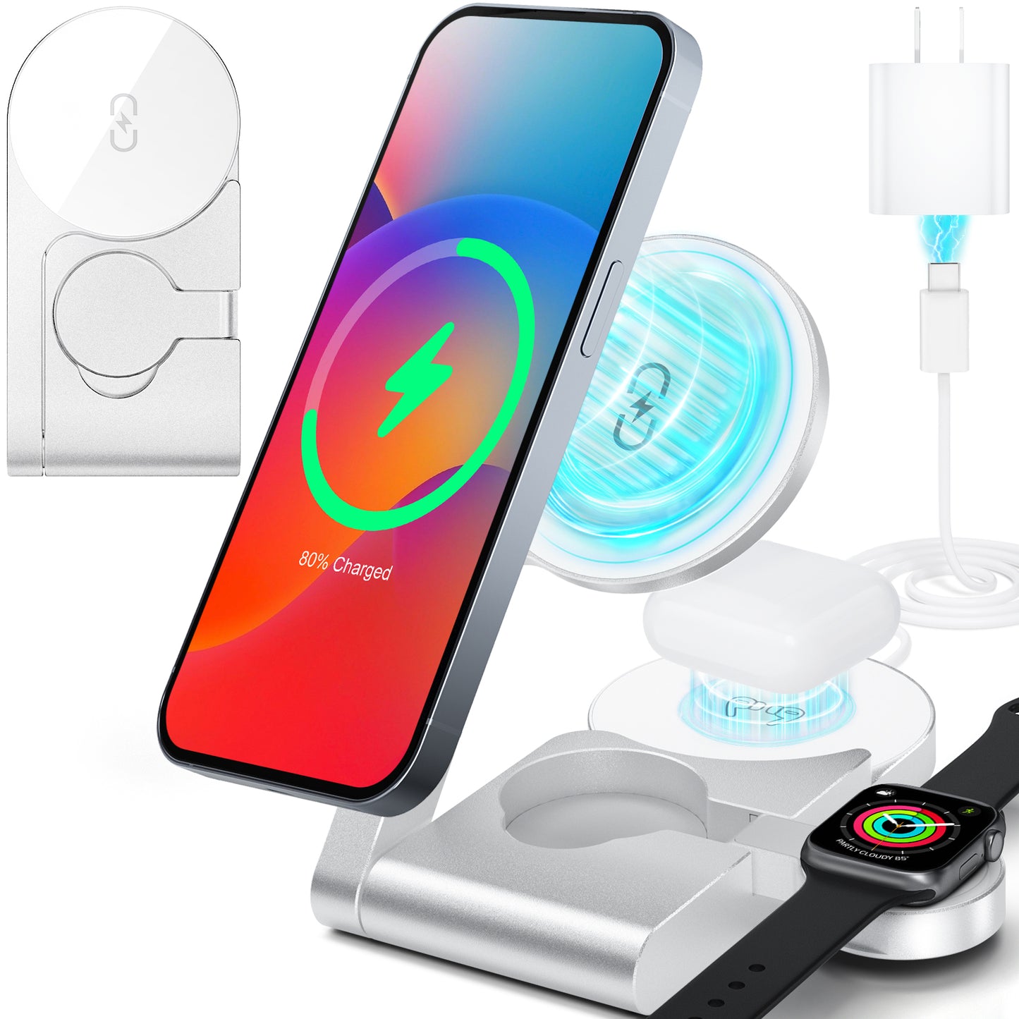 3 in 1 Wireless Charging Station, Ultrathin Foldable Aluminum Alloy Wireless Charger for iPhone 16/15/14/13/12 Series, AirPods Magsafe Charger for iWatch Series (Metal Gray)
