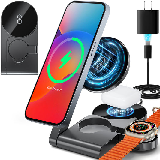 UltraQ 3 in 1 Wireless Charging Station, UltrathinFoldable Aluminum Alloy Wireless Charger foriPhone 16/15/14/13/12 Series,AirPods MagsafeCharger for iWatch Series